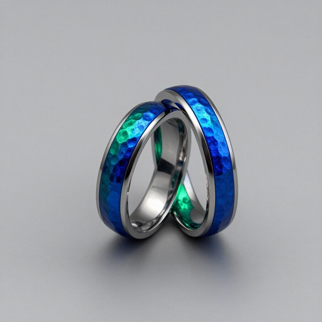 Close-up of two elegant hammered finish wedding bands in rich colors on a clean light grey background.