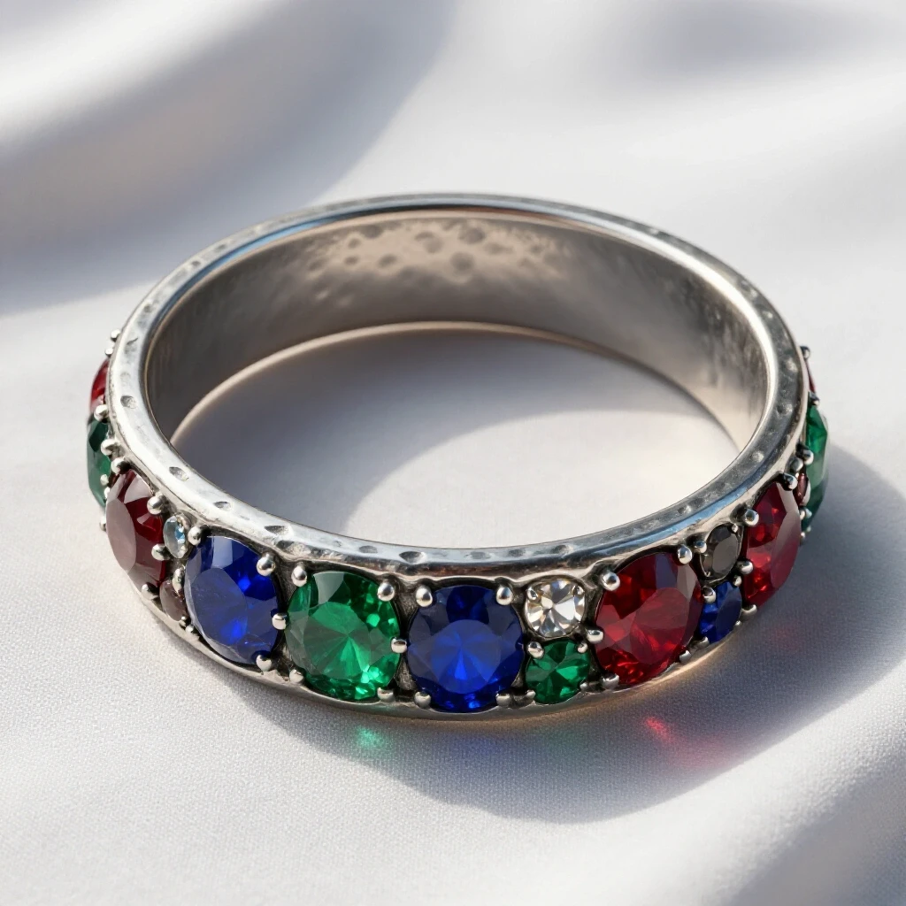 A close-up view of a hammered metal bangle on soft fabric with vibrant gemstones, showcasing craftsmanship and textures.