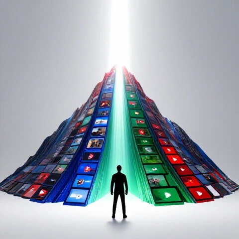 Central figure stands at base of vibrant video thumbnail mountain, looking up to bright summit in a luminous studio.