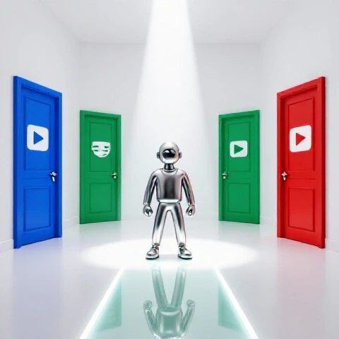 Confident YouTuber figure stands in bright spotlight with closed sponsor doors fading behind and a glowing path forward.