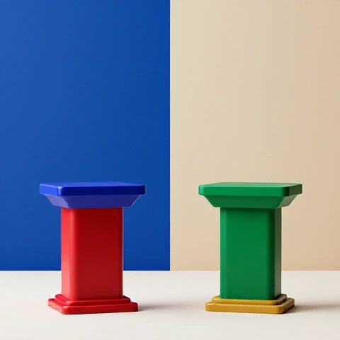 Two contrasting presenter podiums, one bold and vibrant, one calm and serene, on a split color background highlighting delivery style impact.