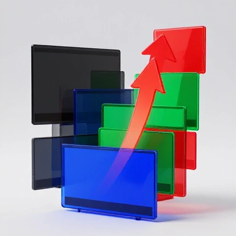 A progression of vibrant video screens connected by an upward arrow, symbolizing YouTube video growth.