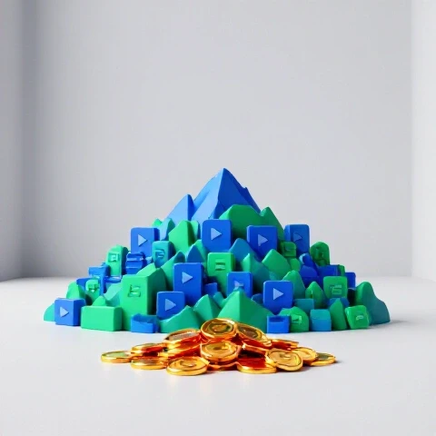 A giant mountain of video plays next to a small pile of coins on a bright white background, emphasizing the disparity.