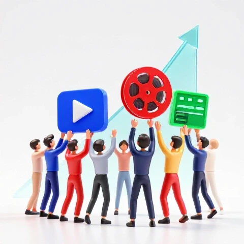 Abstract animated figures assembling bright video icons and film reels in front of an upward graph on a luminous white background.