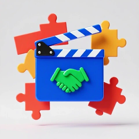 Glossy blue director's clapboard and green camera icon joining hands, surrounded by vivid shapes symbolizing teamwork in video marketing.
