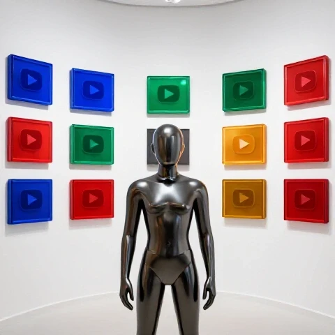 A metallic figure selects from glowing, colorful YouTube thumbnail artworks in a bright gallery setting.