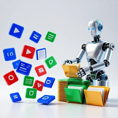 Split scene with chaotic colorful video icons on one side and a calm digital assistant organizing content on the other, set on a bright background.