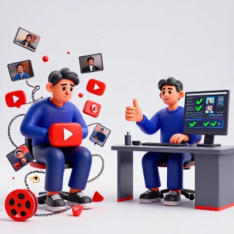 Split-screen showing chaotic video editing stress on one side and organized, efficient video editing teamwork on the other.