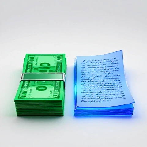 A split scene with a stack of emerald cash on one side and a glowing script on the other, set on a bright background.