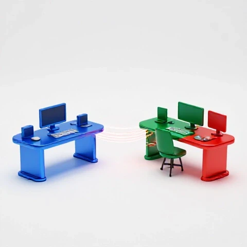 A split-scene workspace transforms from solo to collaborative, glowing energy lines connect two vibrant digital setups on a bright background.