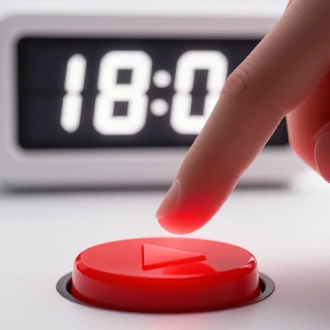Close-up of a finger hovering over a glowing red play button with a blurred digital countdown in the background.