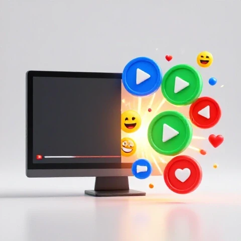 Split-screen showing a dull YouTube video monitor beside vibrant icons and play buttons symbolizing high audience engagement.