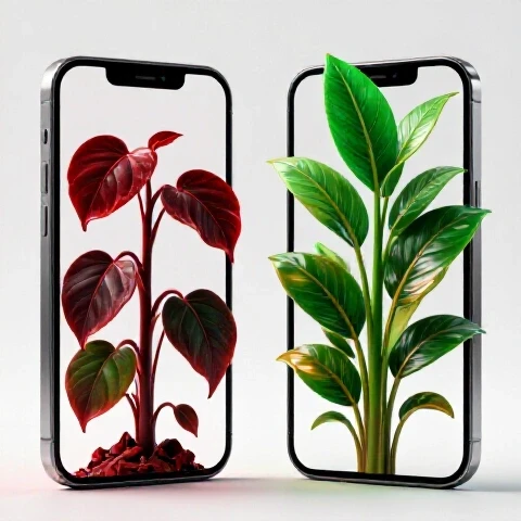 A split-screen image of a wilted plant on one side and a thriving plant on the other, both growing from smartphone screens to illustrate decline and recovery.