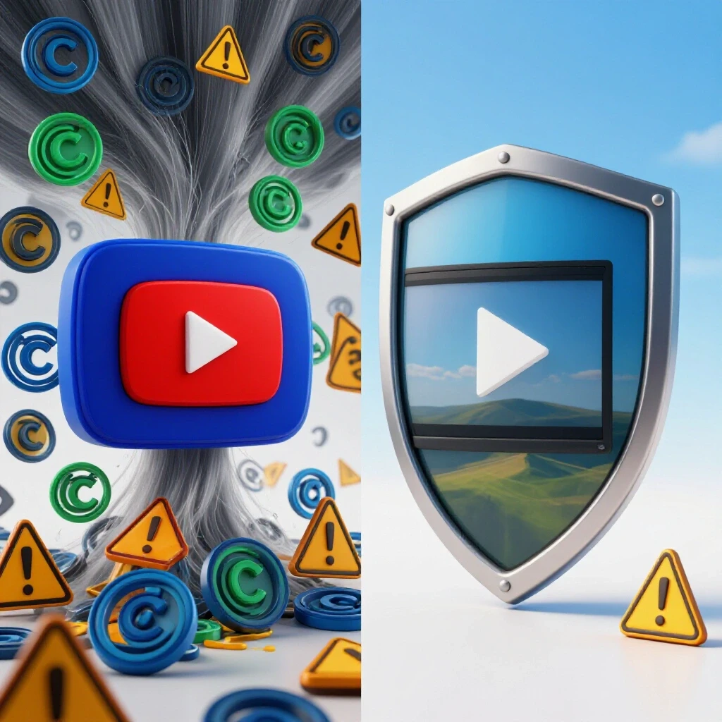 A split image showing a YouTube play button surrounded by copyright symbols on one side and a shielded video frame in a serene landscape on the other.