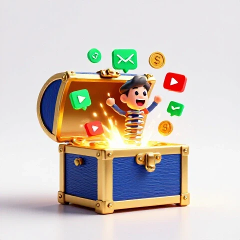 A glowing treasure chest filled with digital icons and coins radiates excitement on a bright YouTube interface backdrop.