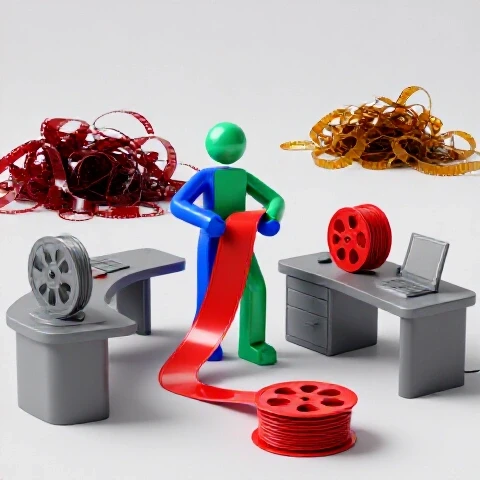 Glossy blue and green abstract creator organizing a crimson film reel amid a bright studio and chaotic footage pile