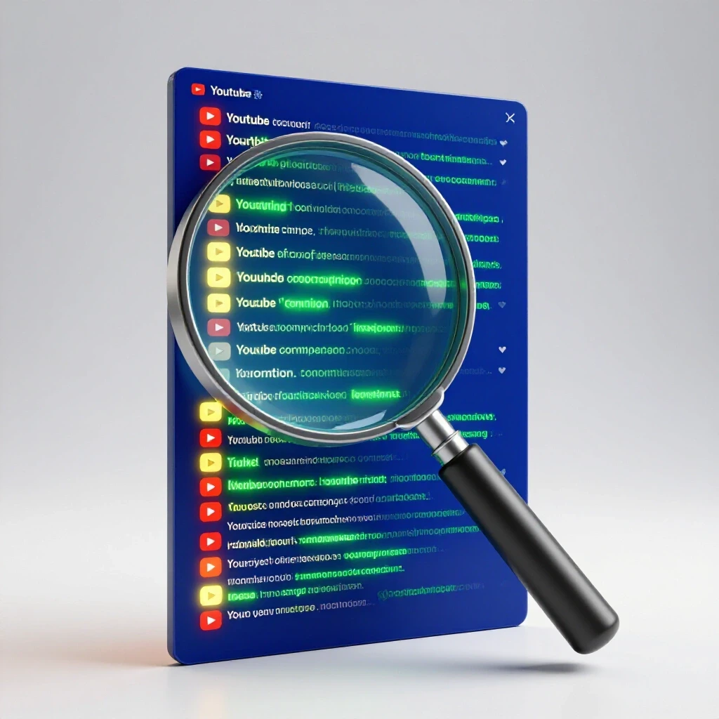 A magnifying glass over a vibrant YouTube comment section with highlighted comments, showcasing exploration and discovery.