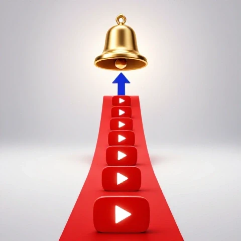 A glowing red play button path leads upward to a bright golden subscriber bell, symbolizing YouTube growth.