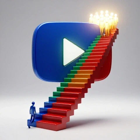 A staircase made of colorful play buttons ascends toward a glowing crowd, symbolizing YouTube growth journey.
