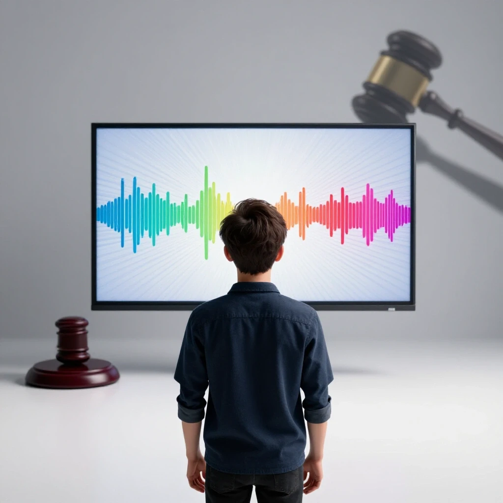 3D-rendered image of a person watching a video with colorful sound waves and a subtle gavel in the background, representing copyright issues.