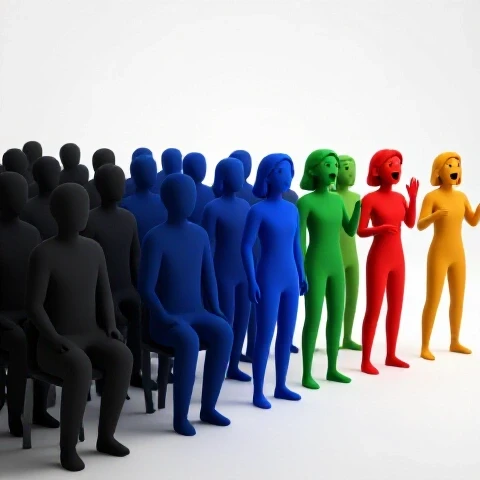 Shadowy audience transforms into colorful, expressive figures showing a shift from silent to engaged.