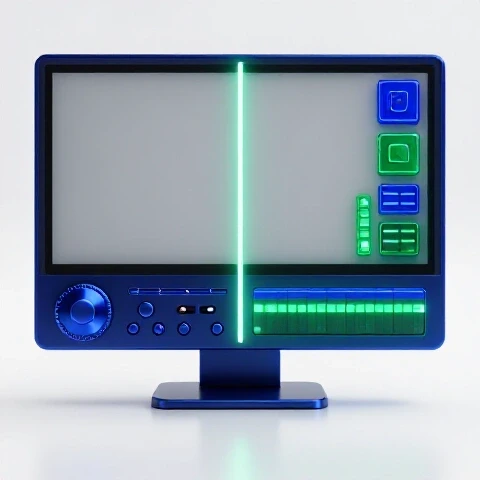 Split-screen video monitor showing before and after LUT color grading with vibrant, cinematic effects.
