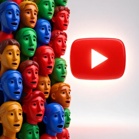 Split scene featuring vibrant expressive face sculptures blending into a glowing upward-trending YouTube play button.