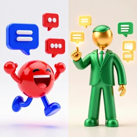 Vivid split-image of playful colorful shapes interacting with comments on one side and sleek metallic forms exuding authority on the other, all in a bright studio setting.