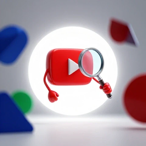 A glossy YouTube play button peers through a magnifying glass at a bright circle, with shadowy shapes at the edges.