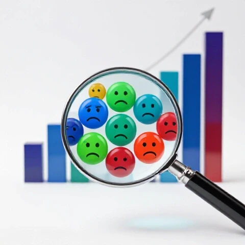 Magnifying glass highlighting frustrated viewer faces over rising video view graphs on a bright background