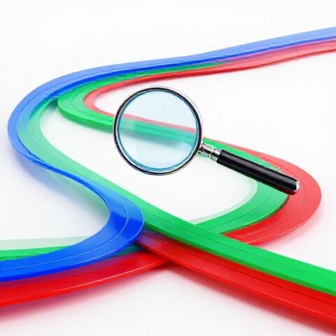 Magnifying glass highlighting a blurry spot on a bold, colorful video timeline over a bright studio background.