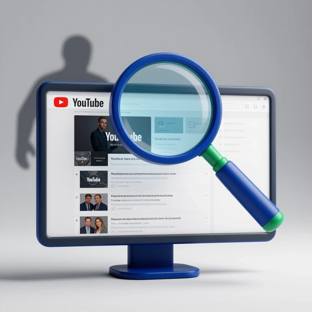 A magnifying glass over a computer screen displaying a YouTube channel, with a shadowy figure in the background.