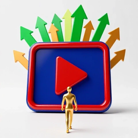 A large, bold subscriber counter with vibrant upward arrows and a golden play button figure walking away, all set in a bright white studio.