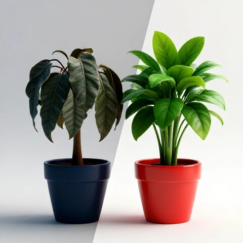 A withered plant pot in shadow beside a lush, sunlit plant pot, divided diagonally for strong contrast.