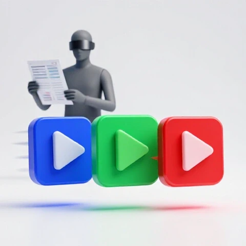 Vivid video icons race ahead on a bright background while a blindfolded figure with a blurred chart lags behind