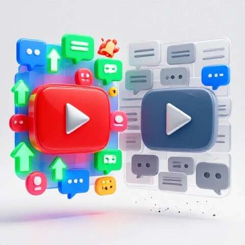 Two contrasting YouTube channels divided by a wall of unread comment bubbles, one vibrant and one dull, on a bright white background.