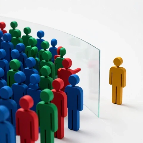 Colorful crowd on one side reaching toward a separated lone figure, divided by a transparent barrier.