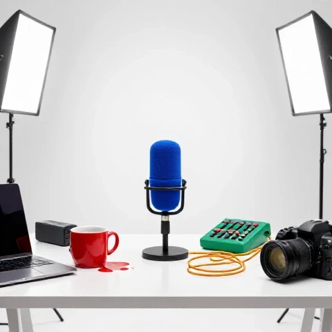 Centrally placed vibrant YouTuber studio desk showing spilled coffee, tangled cables, and polished gear in bright setting.