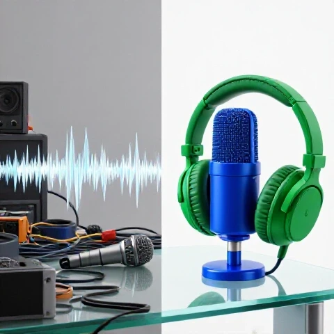 Split-screen showing a cluttered audio setup transforming into a sleek, professional recording scene with vibrant gear and clear sound waves.