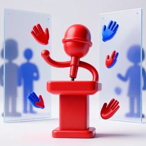 Dynamic red microphone with expressive gesture symbols, glowing on a bright background, symbolizing on-camera delivery progress.