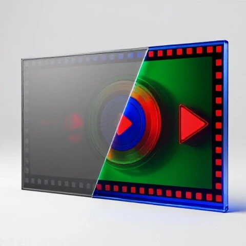 A split video frame showing a dull, desaturated side transitioning into a vivid, richly colored side, set on a bright studio background.