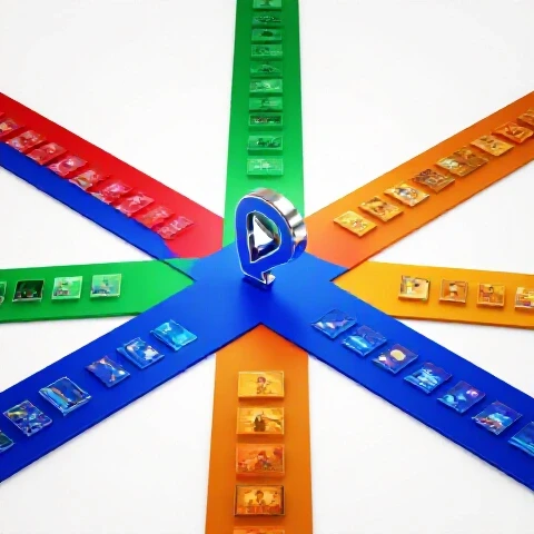 Vibrant crossroads with a metallic creator icon, multiple colored paths leading to evolving video thumbnails on a bright background.