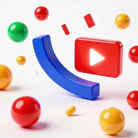 A vibrant blue magnet pulls colorful viewer icons toward a glowing red video play button on a bright white background.