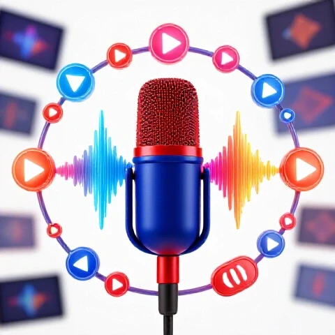 Studio microphone with vibrant soundwaves and glowing play buttons on a bright background, symbolizing superior YouTube audio quality.