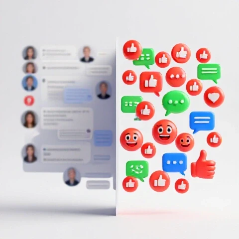 Split image of a messy comment section transforming into a vibrant, engaging discussion with colorful icons