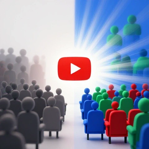 Vivid split scene showing disengaged faded crowd on one side, vibrant engaged audience and YouTube play button on the other