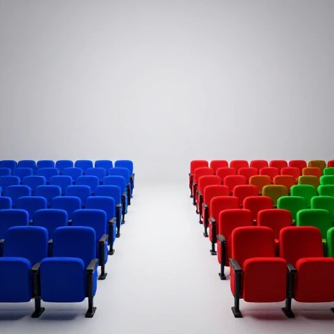 Split image of an empty blue theater transforming into a vibrant, colorful audience-filled scene in bright lighting.