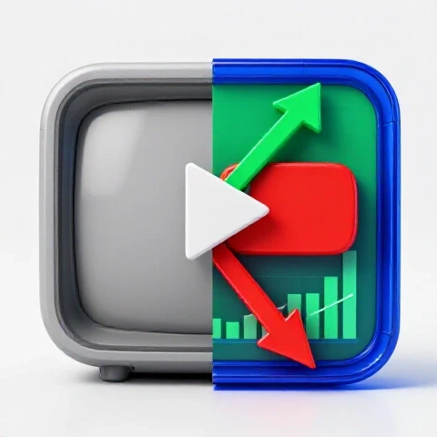 Split-screen of vintage video icon fading into a vibrant modern YouTube play button and analytics in dramatic colors.