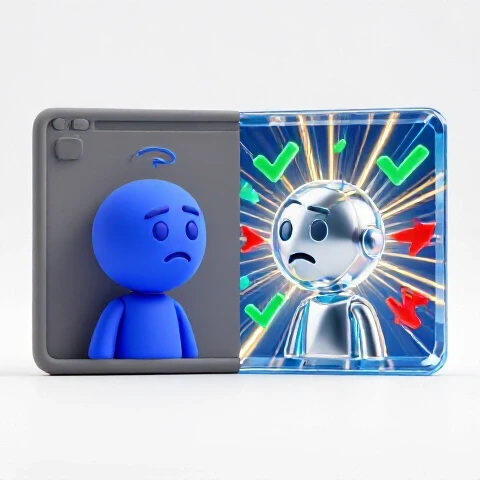 Split-screen scene showing a dull, blurry video confusing a viewer on one side and a vivid, engaging tutorial captivating another viewer on the other, with vibrant 3D icons and clear contrast.