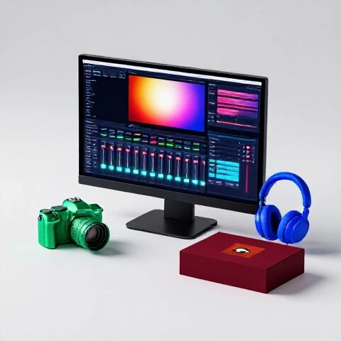 Colorful video editing tools and gear organized around a glowing screen on a bright white background